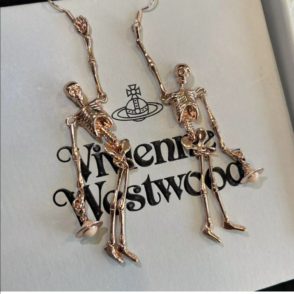 Vivienne Westwood Rare Skeleton Rose Gold Tone Earrings With Gift Box Halloween